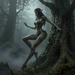 female elf, tree person, dynamic pose, elongated legs, long fingers, talons, terrifying, dark, fog, artstation