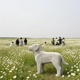 people gathered around an enormous, concrete dog in the foreground of a meadow of daises, visible horizon, flat grey sky