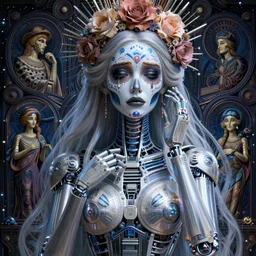 beautiful crying android! woman deity. ethereal, elegant, fantasy, blade runner, pose, photorealistic, interstellar, intricate detailed environment. ( el dia los muertos ), 8 k, hd. by terry o'neil and artgerm and greg rutkowski and alphonse mucha and loish and wlop