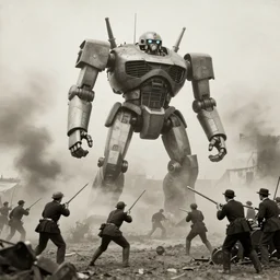 old Victorian photo, atmospheric, cinematic, giant robot, bleak battlefield, combat, battle
