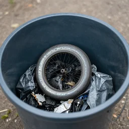 a broken frisbee in the garbage bin