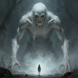 a beautiful terrifying immense pale humanoid giant looms over a tiny human. ethereal horror fantasy art by greg rutkowski