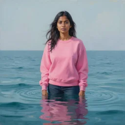 painting of a south asian woman in pink sweatshirt standing in an infinite ocean, her body reflecting in water reflection, painting by james jean, alex ross, hyperdetailed, 4 k, soft lighting, digital art