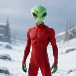 green reptilian alien in a red suit in a snowy landscape,artstation, 4k