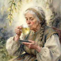 old wise woman drinking willowherb tea. watercolor fairytale art, russian romanticism, muted palette, intricate details, backlighting