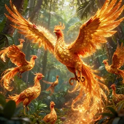 flock of fiery golden phoenix birds in enchanting tropical forest, insanely detailed, digital art, photorealistic, wimmelbilder, unreal engine 5, dynamic lighting, raytracing effects, 1 6 k