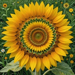 a giant sunflower spiraling in fractals, by pacino di bonaguida, by alfons mucha, by rene magritte, botanical, plant, grassy, flowers, floral, highly detailed