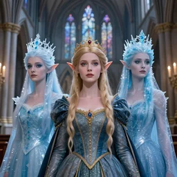 an elf queen and ice queen in a gothic church, highly detailed, 4 k, hdr, smooth, sharp focus, high resolution, award - winning photo, close up, illustrated by anne stokes, photorealistic