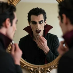 hyperrealistic portrait of a vampire watching a mirror