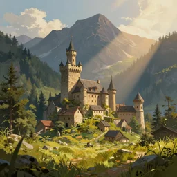digital painting of a small castle town, behind a forest, large mountains in back, concept art, low angle, high detail, warm lighting, volumetric, godrays, vivid, beautiful, trending on artstation, by Jordan grimmer, no focus, huge scene, grass