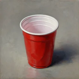 a crumpled red plastic cup with white inside on concrete as a classical painting, oil paiting, epic lighting, epic compostion