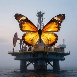 a giant glowing butterfly perches on an oil platform in the misty morning w 1 0 2 4