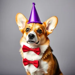 a corgi wearing a purple party hat and a red bowtie