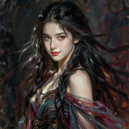 facial portrait of a young pretty woman in flowing dress, arrogant, mysterious, long fine flowing hair, delicate, looking at camera, slightly awkward smile, realistic face, no hands visible, intricate, stylish, elegant, grimdark fantasy, vibrant, extremely detailed painting by Harumi Hironaka and Gerald Brom and Greg Rutkowski