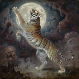 concept art of translucent tiger is dancing, lovecraftian, renaissance, melting, round moon, rich clouds, fighting the horrors of the unknown, very detailed, volumetric light, mist, fine art, decaying, textured oil over canvas, epic fantasy art, very colorful, ornate intricate scales