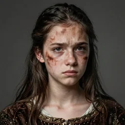 teenage medieval girl, half of face stained brown, unhappy, portrait, highly detailed, realistic, dark hair