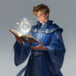 character concept portrait of happy Corbin Bleu as wizard enchanting a ring, a floating spell book in the center, intricate, moon-light glow, intricate silver-embroidered indigo robes, elegant, digital painting, concept art, smooth, sharp focus, illustration, from Metal Gear, by Ruan Jia and Mandy Jurgens and William-Adolphe Bouguereau, Artgerm