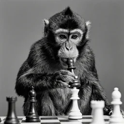 black and white portrait photo of a monkey eating a chess piece by annie liebovitz,