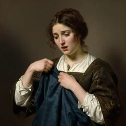 portrait by william adolphe bouguereau of a confused beautiful young woman in medieval clothes who is pulling her clothes, she is looking down at her clothes, surprised expression, pulling her clothes with her hands, detailed face