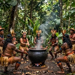 High quality photo of an uncontacted amazonian tribe performing an occult tribal ritual around a huge cauldron in the middle of the jungle, shot on a Sony a7