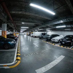 highly detailed underground parking garage, cars, trucks, fisheye, fluorescent ceiling lights, ((curbs)), ((speed bumps)), (pavement markings), by Beeple and Syd Meade, concept art, octane render, 8k HDR, artstation