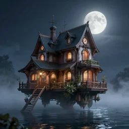 photorealistic wide shot of a beautiful clockpunk house that floats on the water in the moonlight, octane render, unreal engine 4k, volumetric light, fog, detailed