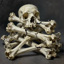 A beautiful concept art painting of a pile of bones, most of which are cracked, collapsing, by Natasha Tan, trending on artstation, dramatic lighting
