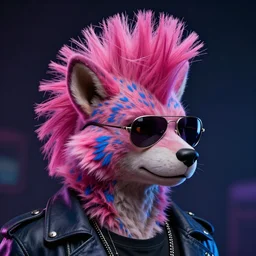 Karl Pilkington, pink and blue mohawk hairstyle, aviator sunglasses, synthwave style, portrait, artstation, detailed, award winning, furry, dramatic lighting