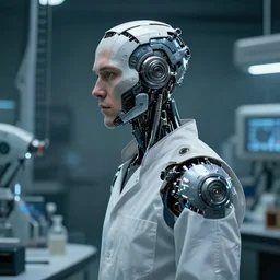 a laboratory operator man with cybernetic enhancements, scifi character halfbody portrait by greg rutkowski, craig mullins, daytoner, cinematic lighting, dystopian scifi gear, profile picture, highly mechanical, cyborg, half robot
