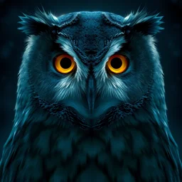 illustration, art by greg rutkowski, blue night lighting, highly detailed, closeup portrait of a gray owl, bright golden eyes in the night, sharp focus, alphonse mucha, concept art, cgsociety, digital painting, artstation, cinematic lighting, symmetrical, album cover art