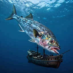 a giant anglerfish about to swallow a pirate ship in the ocean, award winning photograph, dramatic lighting, 8k UHD
