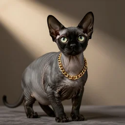 a portrat of black cornish rex cat with gold chain