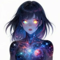 A realistic anime portrait of a beautiful cosmic woman with glowing rainbow eyes and cosmic skin wearing clothes made of universes, digital painting, by Stanley Artgerm Lau, Sakimichan, WLOP , Makoto Shinkai and Rossdraws, digital painting, trending on ArtStation, SFW version