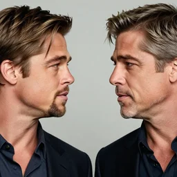 a still of Brad Pitt and George Clooney facing each other.  Brad on left George on right. Neutral expression. Close up shot, detailed. Professional photography.