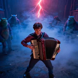 dwight schrute playing the accordion aggressively, dramatic scene, heavy blue fog, red lightning, ultra wide angle, movie still, photorealistic, stranger things, netflix, upside - down, colorful lighting, grainy, aerial shot, shot from above, movie still, monsters in background holding back