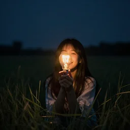 the bulb flies over the night field, smiles, emotions, photoreal image