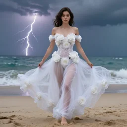 meredit frampton style symmetrical wonderful lady with an perfect body with a white large magnificent more and more vaporous, wrapped, hight decorated, detailed, white roses semi transparent cotton dress, she is moving in the sand near the ocean, during lightning storm, octane render, 8 k