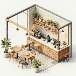 an indoor modern cafe, watercolor and wool felting style, design by beeple, isometric style