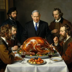 insanely detailed painting of benjamin netanyahu at thanksgiving table, large cooked turkey, by giuseppe arcimboldo and pieter claesz and grant wood