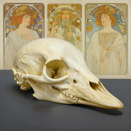 a beautiful painting of a duck skull by simon stalenhag and pascal blanche and alphonse mucha! and nekro!. in style of digital art. colorful comic, film noirs!, symmetry, hyper detailed. octane render. trending on artstation - h 8 9 6