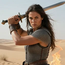 big and strong barbarian woman wielding a sword, in the desert, wearing chainmail armor, by jeff easley and greg staples, ultrarealistic, highly detailed face, soft lighing, spellfire, sharp focus, cinematic lighting, artstation, powerful presence