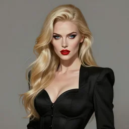artistic portrait of a confident and mature looking northern blond evil goddes, long hair, beautiful blue eyes and red lips, perfect fit body, black clothes, art by artgerm and greg rutkowski and magali villeneuve, highly detailed, digital painting, trending on artstation, concept art, sharp focus, illustration, masterpiece