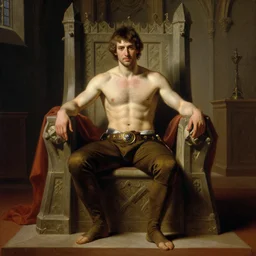 attractive arthur pendragon shirtless but wearing pants, posing in the throne room of camelot highly detailed painting by gaston bussiere, craig mullins, j. c. leyendecker