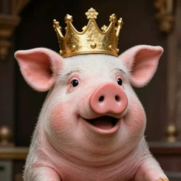 a pig wearing a gold crown depicted as a muppet