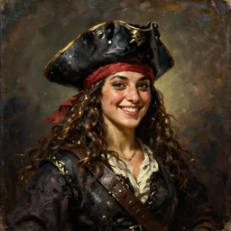 oil painting, smiling, happy, beautiful, intelligent, fierce, powerful, female pirate captain 3 2 years old, flowing long hair, fully clothed, wise, beautiful, masterful 1 7 2 0 s oil painting, dramatic lighting, sharp focus