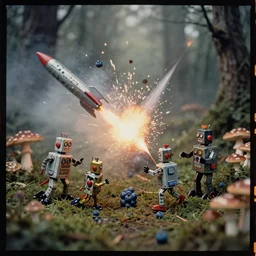 kodak portra 4 0 0, wetplate, fighting tin toy robots in a forest full of mushrooms, muted colours, blueberry, 1 9 3 0 s style, motion blur, explosions, rockets, bombs, sparks, haze, fog, by georges melies and by britt marling