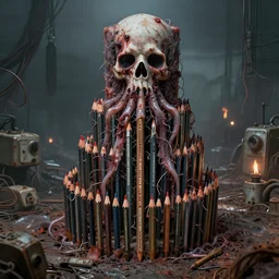 pencils of tiered, dead god, unsymmetrical, horror squid cube colossus, distant surrounding med equipment, abandoned filthy, chemical burns, rusted, macerated, eviscerated by fimbria wires, by v finlay, wayne d barlowe, stefano tamburini, geof darrow, torch light, muted colors, epic, hyper detailed, awe inspiring,