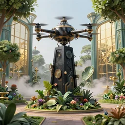 steampunk robot drone worshipping an overgrown black monolith, art nouveau, garden, park, leaves, plants, flowers, trees, steel architecture, large windows, gold, steam, fog in distance, beautiful 3 d rendering, octane render, trending on artsstation