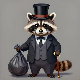 a raccoon wearing formal clothes, wearing a top hat and holding a cane. the raccoon is holding a garbage bag. oil painting in the style of pixel art