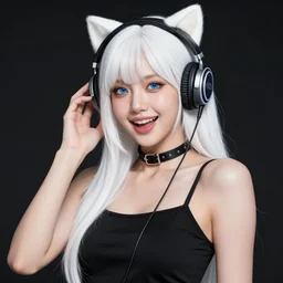 realistic detailed semirealism beautiful gorgeous buxom hot girl natural cute excited happy Blackpink Lalisa Manoban white hair white cat ears blue eyes, wearing black camisole outfit, headphones, black leather choker artwork drawn full HD 4K high resolution quality artstyle professional artists WLOP, Aztodio, Taejune Kim, Guweiz, Pixiv, Instagram, Artstation